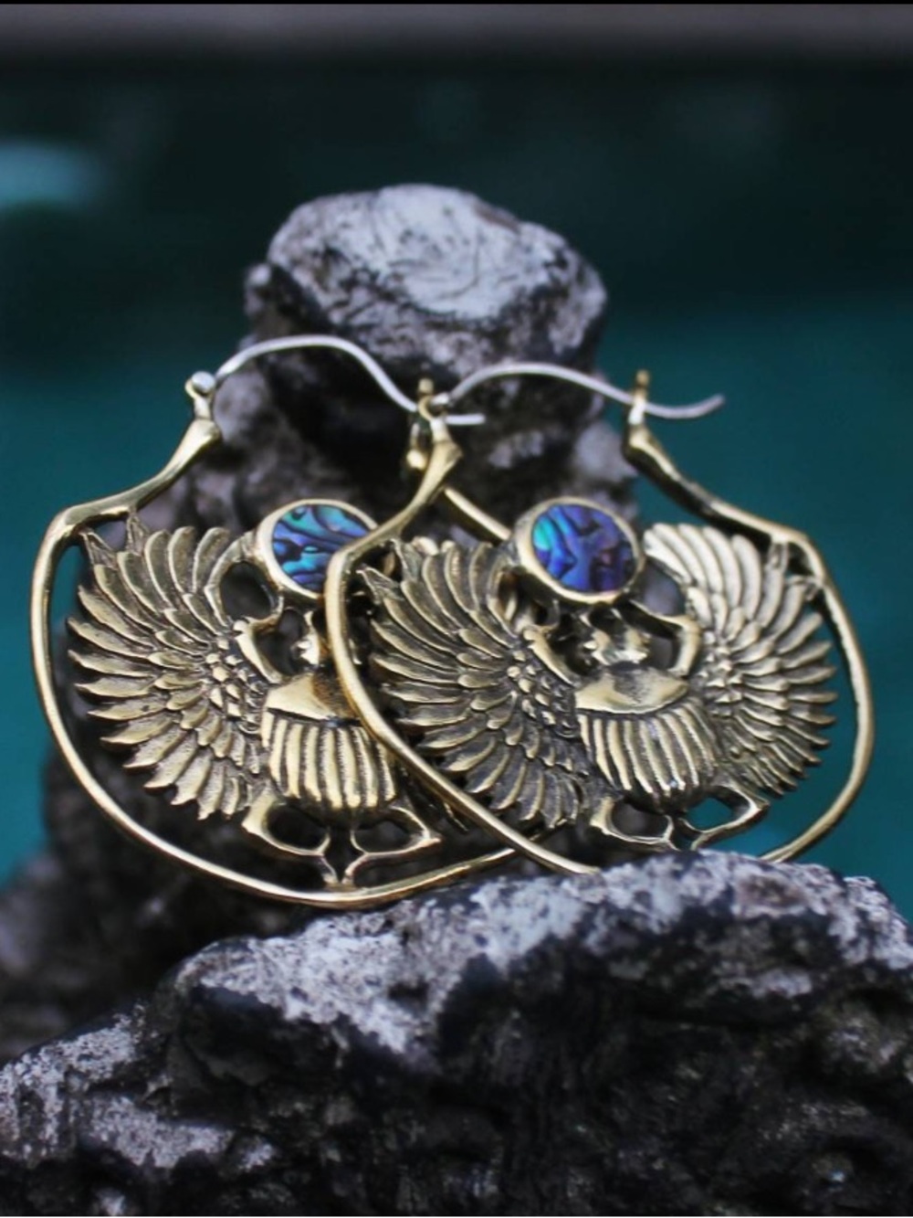 Solid Brass Egyptian Scarab Hoop Earrings with Iridescent Abalone